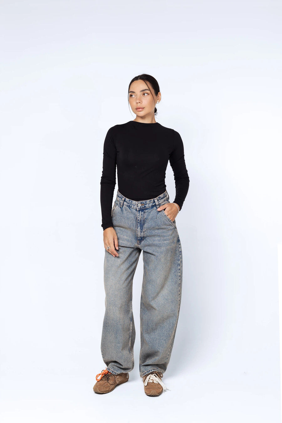 Джинси багі з потертостями