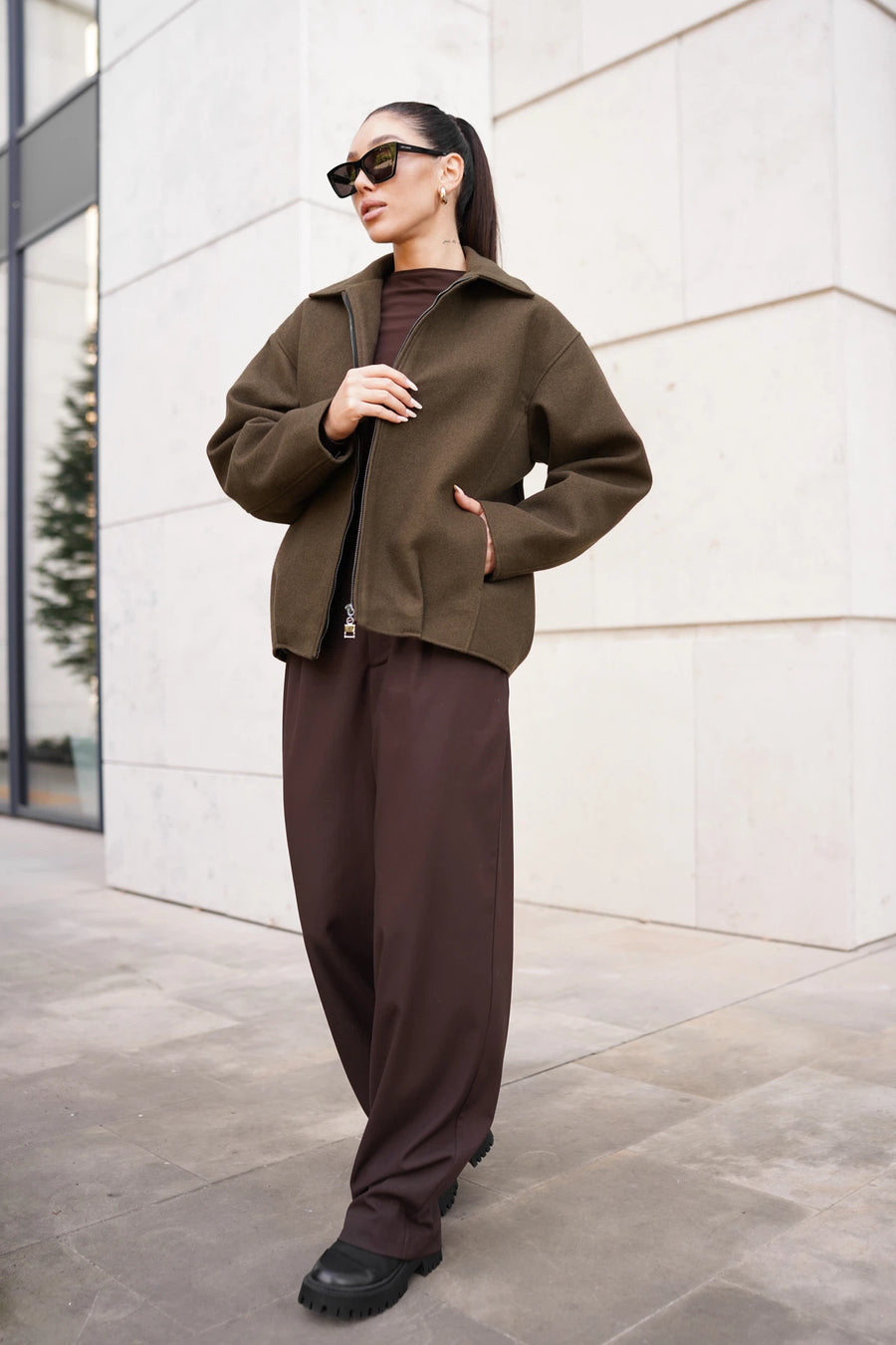 Бомбер-пальто на блискавці - коричневий