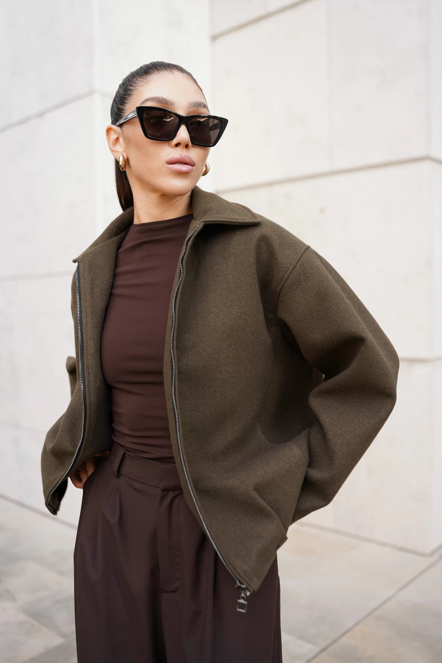 Бомбер-пальто на блискавці - коричневий