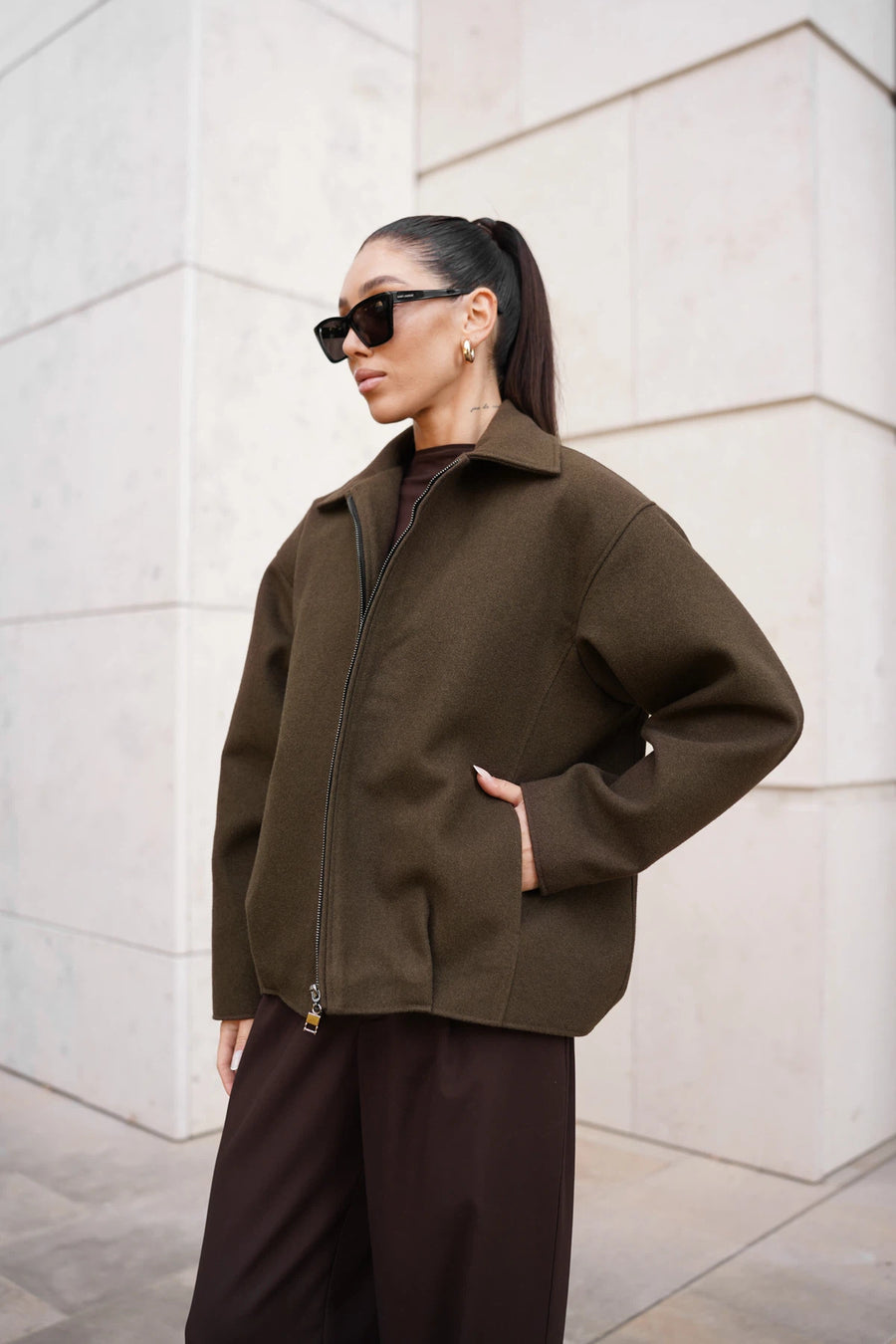 Бомбер-пальто на блискавці - коричневий