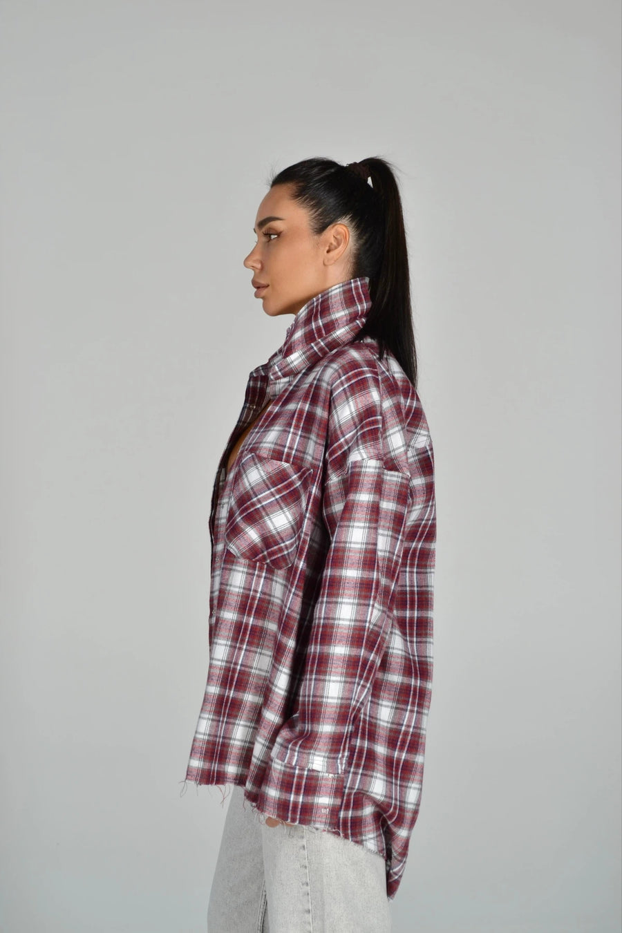 Картата сорочка з бахромою - бордо