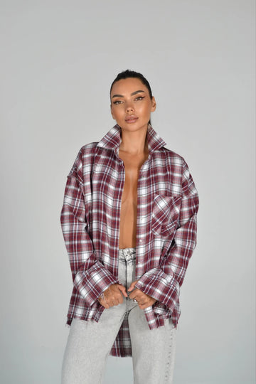 Картата сорочка з бахромою - бордо