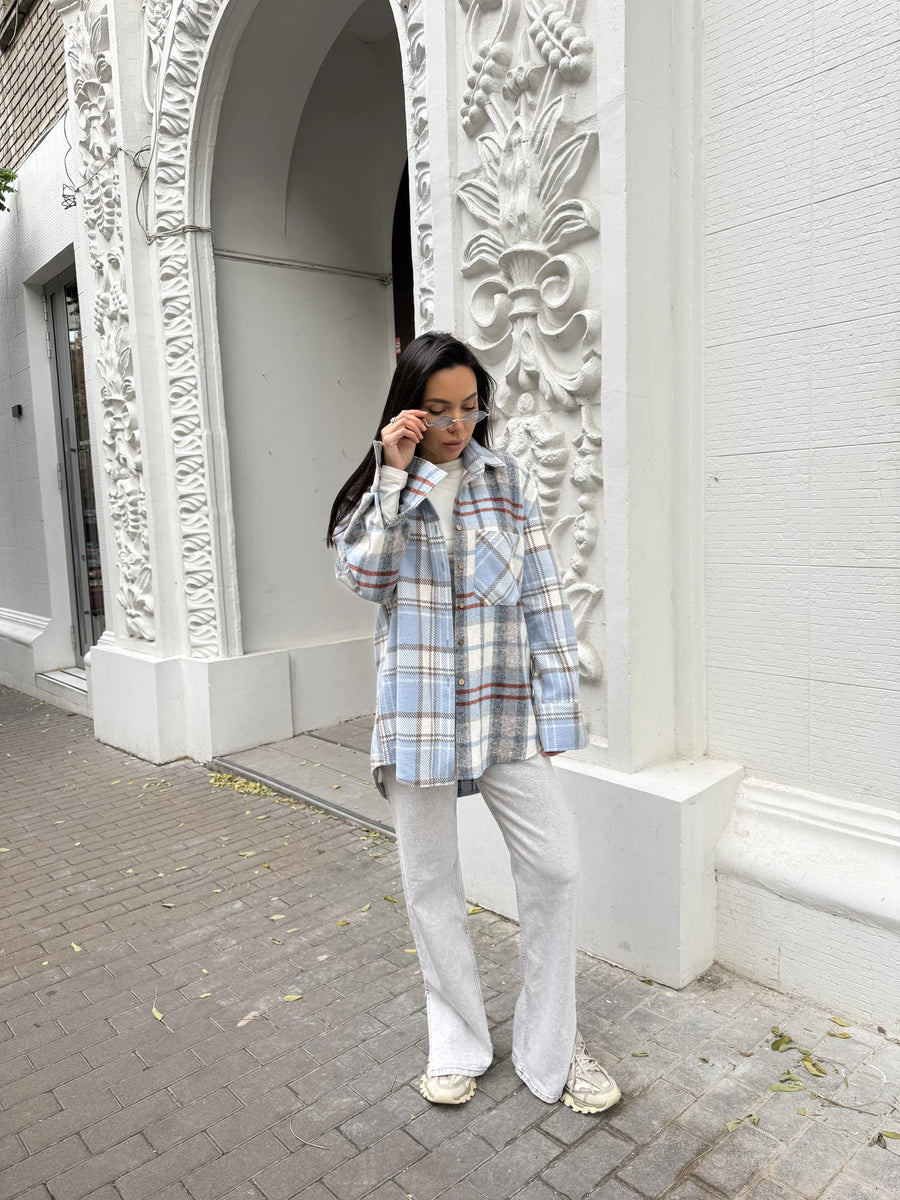 Сорочка тепла комбінована клітина блакитна з сірим