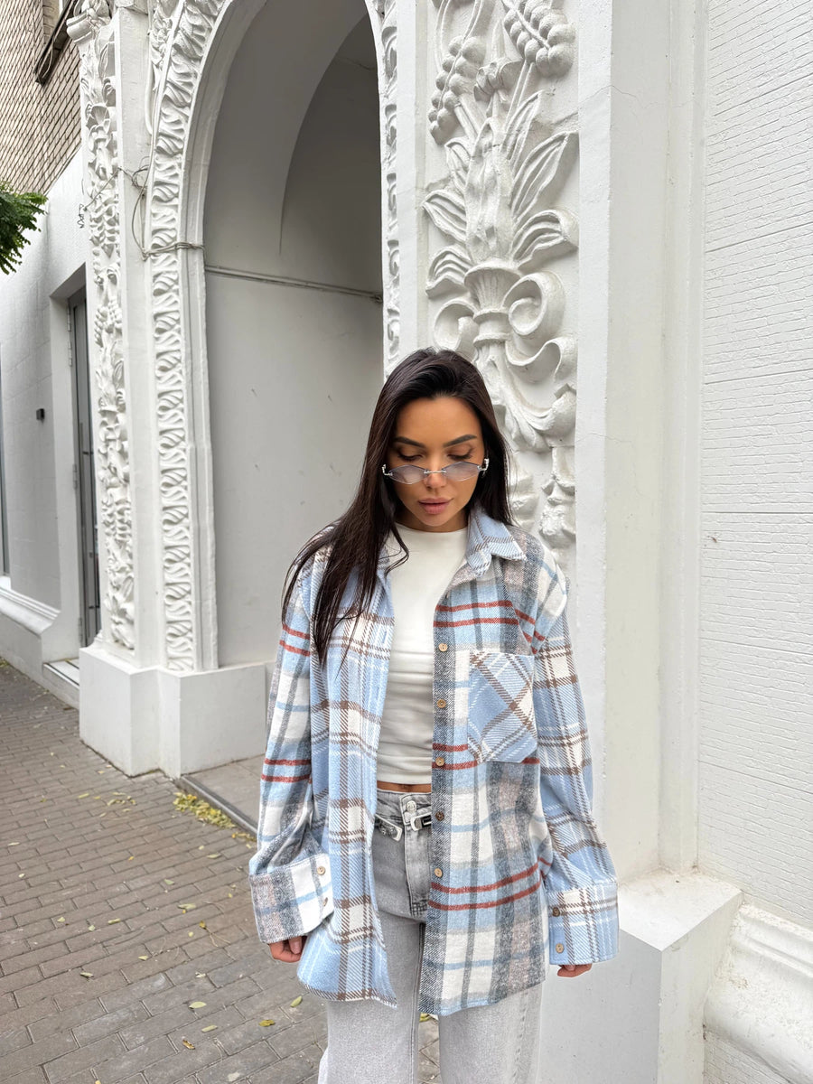 Сорочка тепла комбінована клітина блакитна з сірим