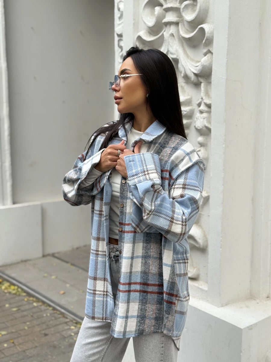 Сорочка тепла комбінована клітина блакитна з сірим