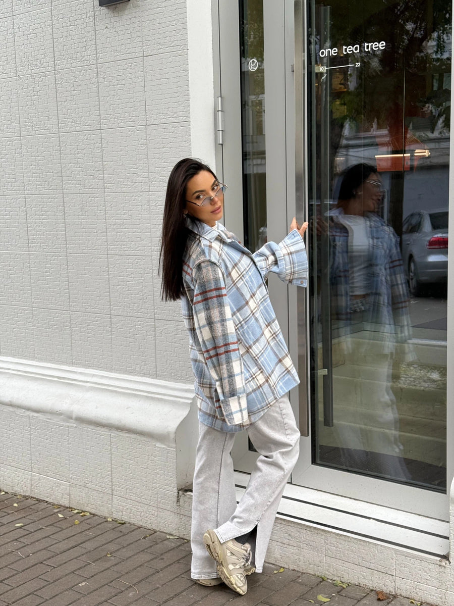 Сорочка тепла комбінована клітина блакитна з сірим