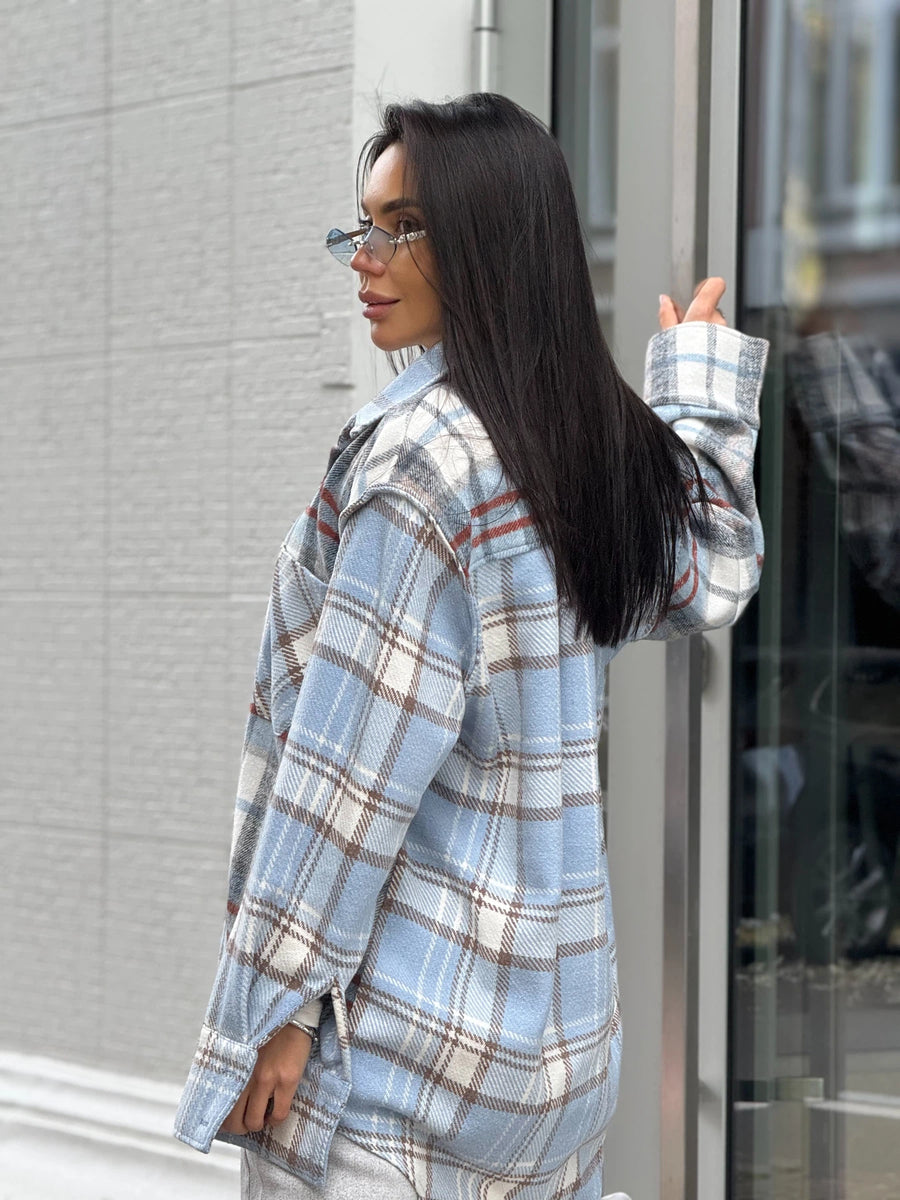 Сорочка тепла комбінована клітина блакитна з сірим