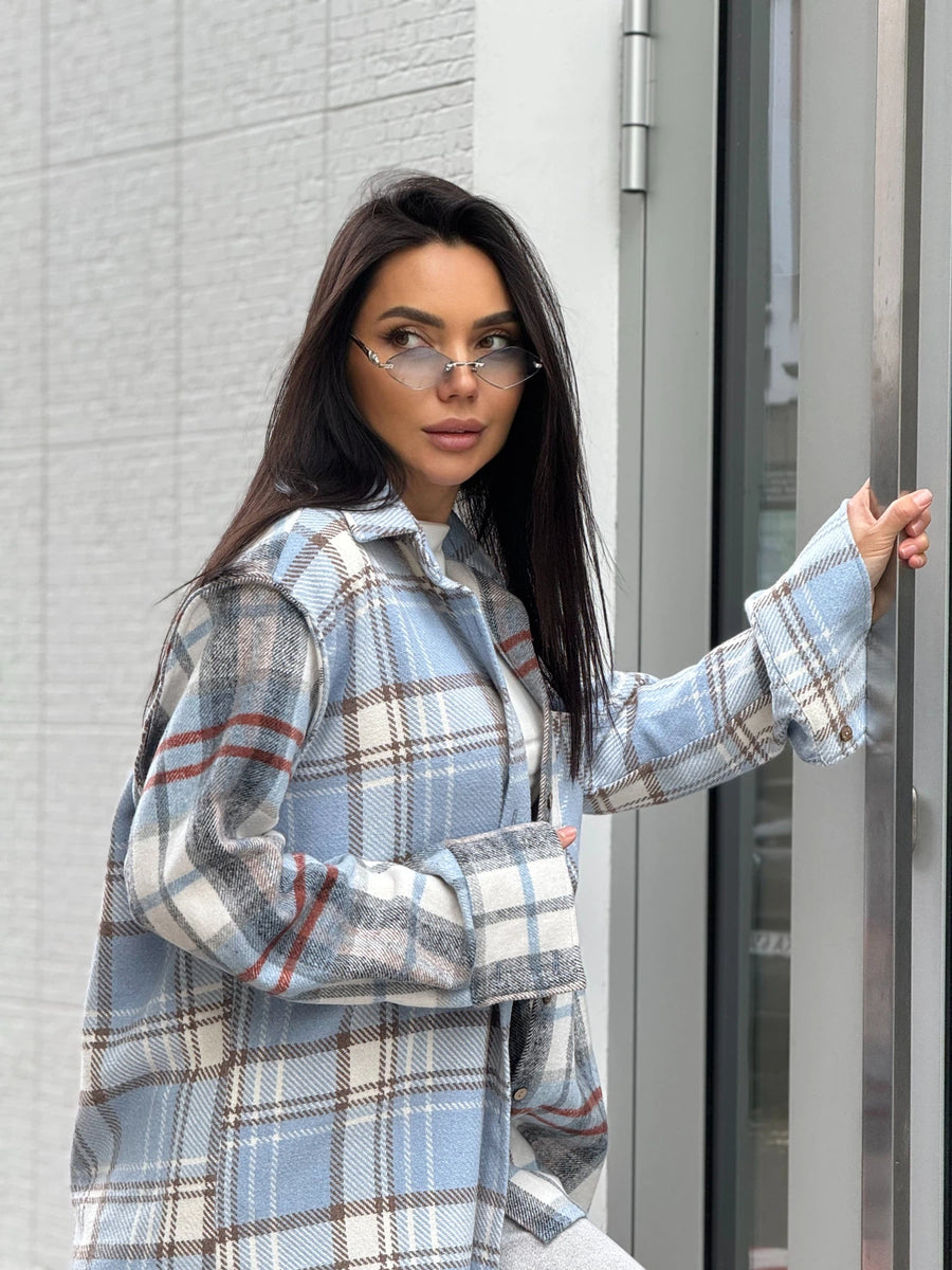 Сорочка тепла комбінована клітина блакитна з сірим